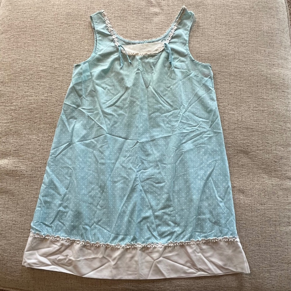 Vintage Lorraine Girls Slip Dress Blue‎ Swiss Dot Floral Lace Trim XS Sleep